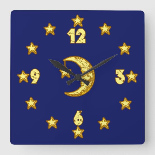Blue and Gold Moon and Stars Wall Clock Quadratische Wanduhr (Vorderseite)