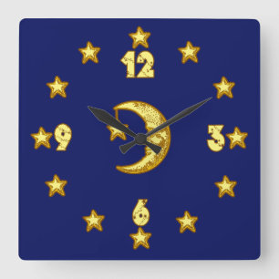 Blue and Gold Moon and Stars Wall Clock Quadratische Wanduhr
