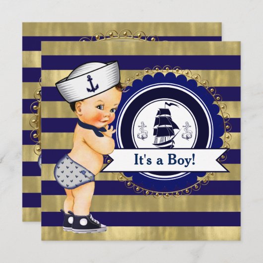 Blue and Gold Nautical Baby Dusche Einladung (Vorne/Hinten)