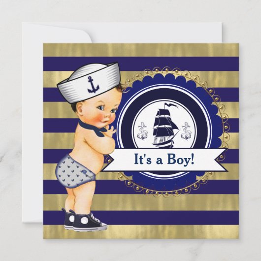 Blue and Gold Nautical Baby Dusche Einladung (Vorderseite)