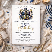 Blue and Gold Nautical Bow Anchor 25th Birthday Einladung