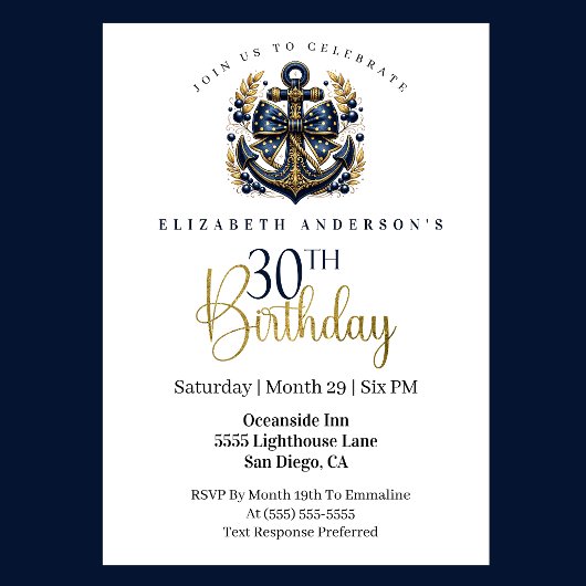 Blue and Gold Nautical Bow Anchor 30th Birthday Einladung