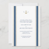 Blue and Gold Nautical Stripes Coastal Wedding Einladung (Vorderseite)