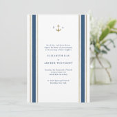 Blue and Gold Nautical Stripes Coastal Wedding Einladung (Stehend Vorderseite)