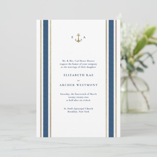 Blue and Gold Nautical Stripes Coastal Wedding Einladung (Stehend Vorderseite)