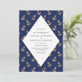 Blue and Gold Nautical Wedding Einladung (Stehend Vorderseite)