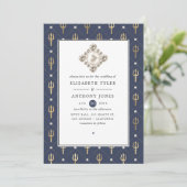 Blue and Gold Nautical Wedding Einladung (Stehend Vorderseite)