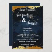 Blue and Gold Night Sky Illustrative Wedding Einladung (Vorne/Hinten)