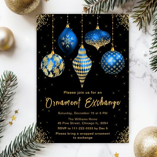 Blue and Gold Ornament Exchange Party Einladung
