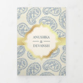Blue and Gold Paisley Indian Style Wedding Foto Dreifach Gefaltete Einladung (Cover)
