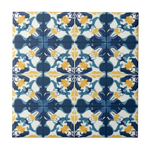Blue and Gold Pattern Ceramic Tile Fliese (Vorderseite)