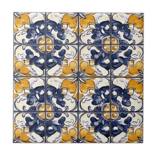 Blue and Gold Pattern Ceramic Tile Fliese (Vorderseite)