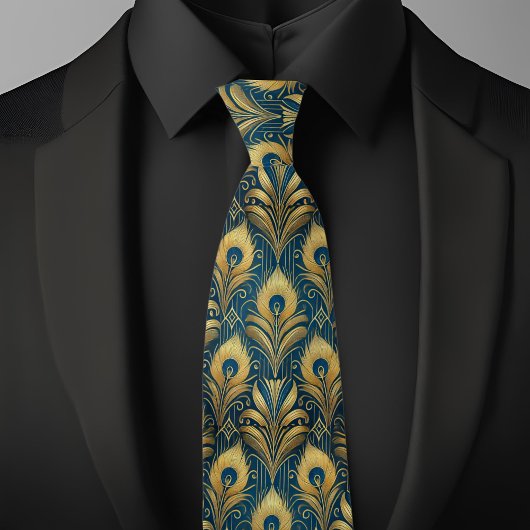 Blue and Gold Peacock Feathers Krawatte