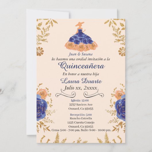 Blue and Gold Quinceañera Einladung Gold Blume (Vorderseite)