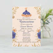 Blue and Gold Quinceañera Einladung Gold Blume (Stehend Vorderseite)