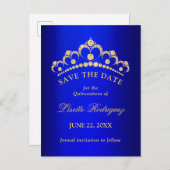 Blue and Gold Quinceanera Save the Date Postkarte (Vorne/Hinten)