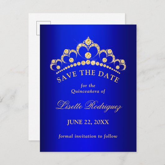 Blue and Gold Quinceanera Save the Date Postkarte (Vorne/Hinten)