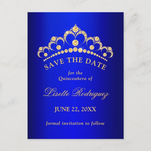 Blue and Gold Quinceanera Save the Date Postkarte (Vorderseite)