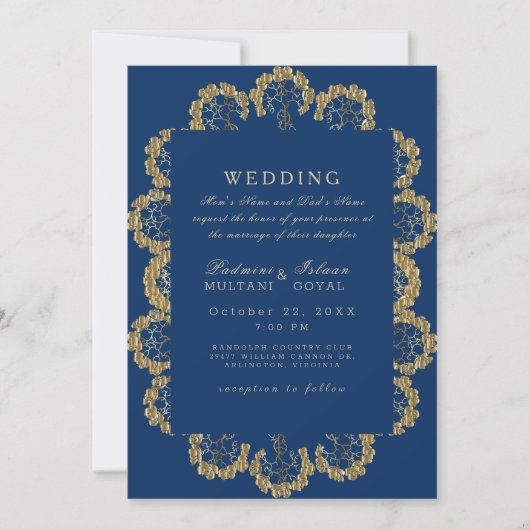 Blue and Gold Regal Indian Style Wedding Einladung (Vorderseite)