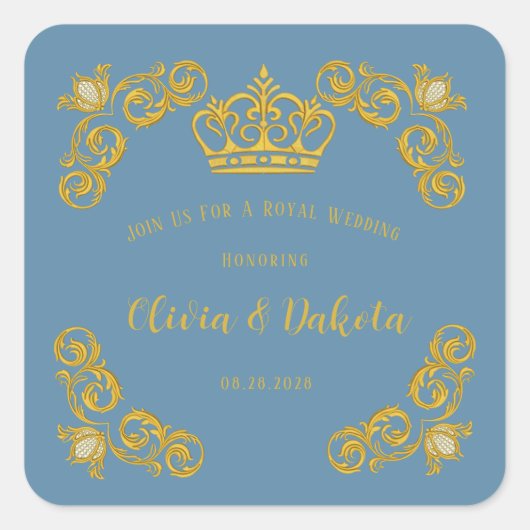 Blue and Gold Royal Crown Wedding Square Sticker (Vorderseite)