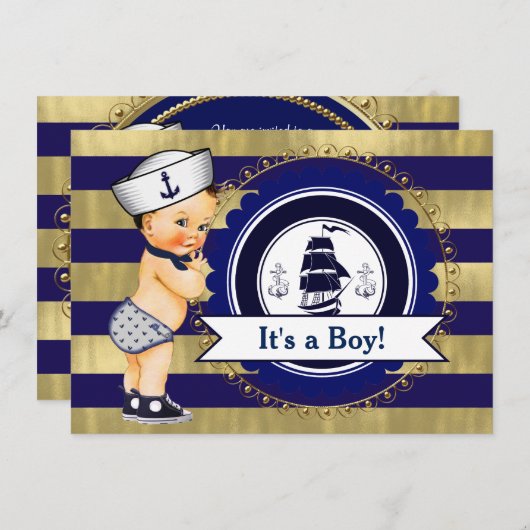 Blue and Gold Sailor Nautical Baby Dusche Einladung (Vorne/Hinten)