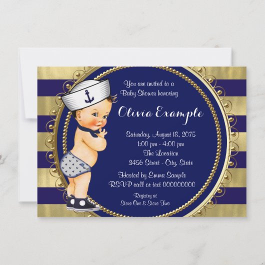 Blue and Gold Sailor Nautical Baby Dusche Einladung (Rückseite)