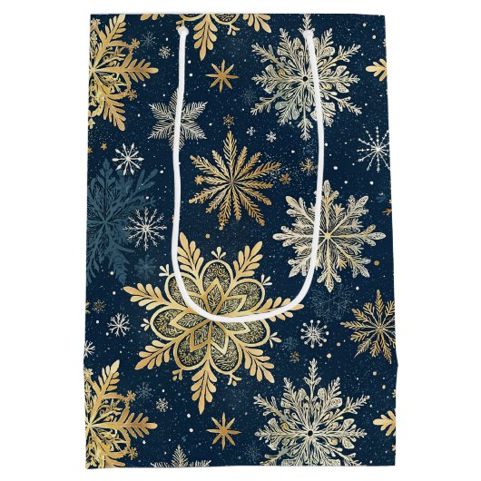 Blue and Gold Snowflake Christmas Mittlere Geschenktüte (Rückseite)