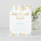 Blue and Gold Snowflake Winter Boy Baby Dusche Einladung (Stehend Vorderseite)