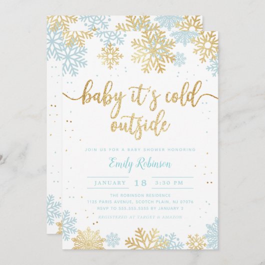 Blue and Gold Snowflake Winter Boy Baby Dusche Einladung (Vorne/Hinten)