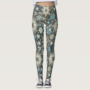 Blue and Gold Snowflakes und Blume Urlaub Leggings