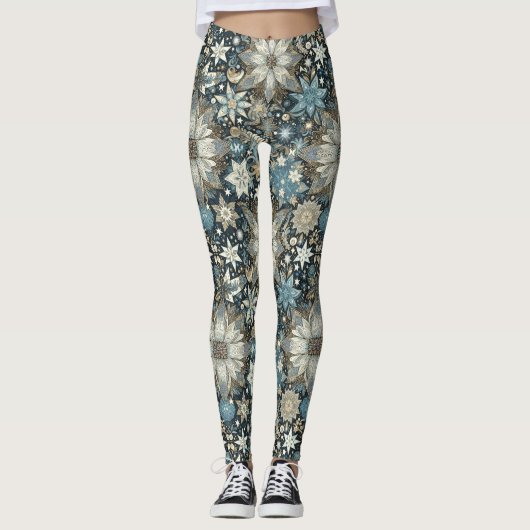 Blue and Gold Snowflakes und Blume Urlaub Leggings (Vorderseite)