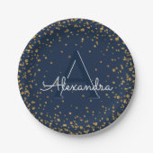 Blue and Gold Sparkle Confetti Monogram Birthday Pappteller (Vorderseite)