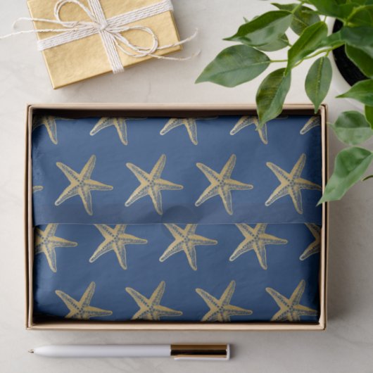 Blue and Gold Starfish Beach Coastal Seidenpapier (Geschenk)