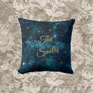 Blue and Gold Starry Galaxy mit Mit Monogramm Name Kissen