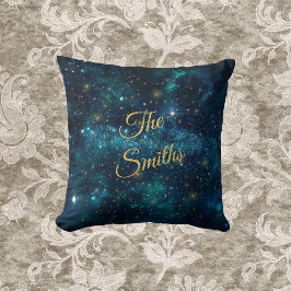 Blue and Gold Starry Galaxy mit Mit Monogramm Name Kissen