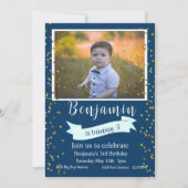 Blue and Gold Third Birthday Foto Einladung (Vorderseite)