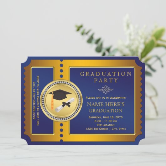 Blue and Gold Ticket Graduation Party Einladung (Stehend Vorderseite)