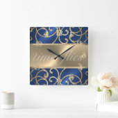 Blue and Gold Time Flock Quadratische Wanduhr (Zuhause)