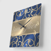 Blue and Gold Time Flock Quadratische Wanduhr (Winkel)
