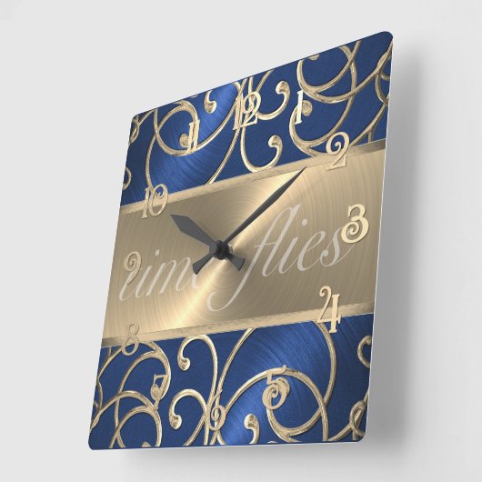 Blue and Gold Time Flock Quadratische Wanduhr (Winkel)