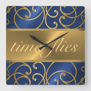 Blue and Gold Time Flock Quadratische Wanduhr