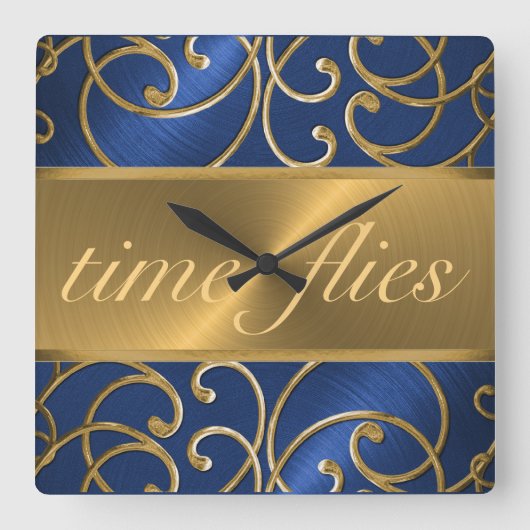 Blue and Gold Time Flock Quadratische Wanduhr (Vorderseite)