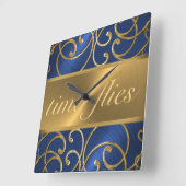 Blue and Gold Time Flock Quadratische Wanduhr (Winkel)