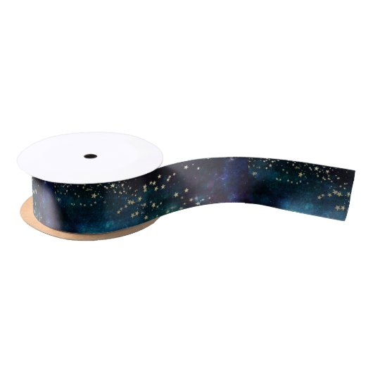 Blue and Gold Under Stars Night Sky Satinband (Spule)