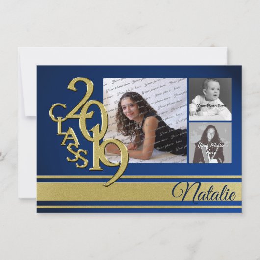 Blue and Gold Varsity 2019 Abschluss Drei Foto Einladung (Vorderseite)