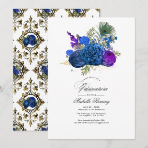Blue and Gold Vintag Peacock Floral Quinceñera Einladung