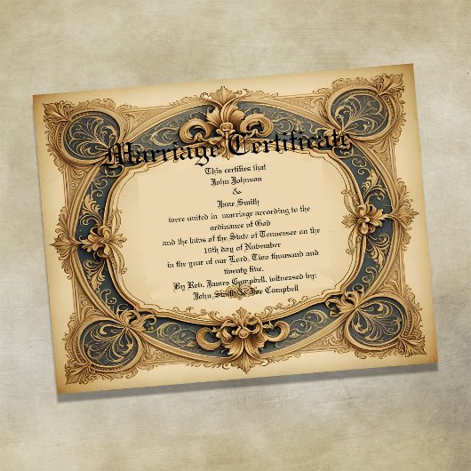 Blue and gold Vintage Marriage Certificate Poster