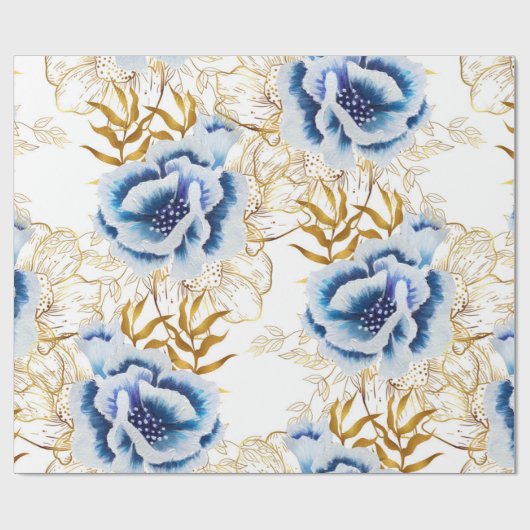 Blue and Gold Watercolor Anemone Geschenkpapier (Flach)