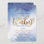 Blue and Gold Watercolor Boy Baby Dusche Einladung (Vorne/Hinten)