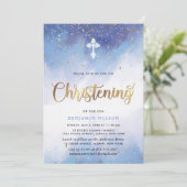 Blue and Gold Watercolor Boy Christening Einladung (Stehend Vorderseite)